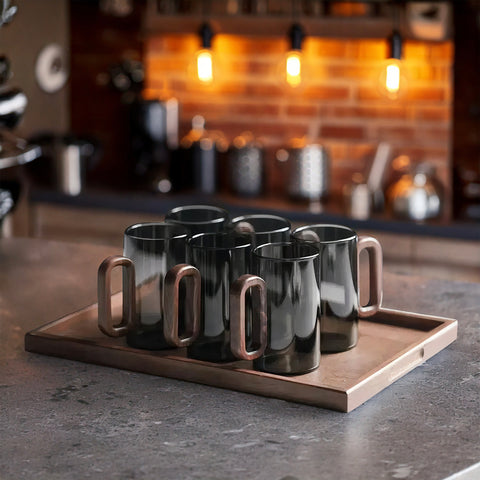 Smokey Gray Glass Slim Coffee Cups With Wooden Handle
