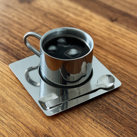 كوب قهوة مع مرآة وصحن وملعقة