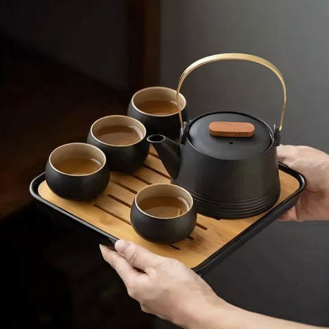 طقم شاي معاصر من الفخار الحجري مكون من 8 قطع