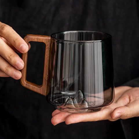 Smokey Gray Glass Slanted Coffee Cups With Wooden Handle