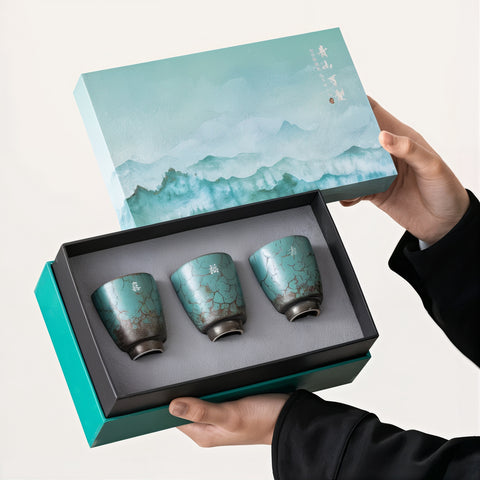 طقم هدايا قهوة إسبريسو أزرق ريفي مصنوع يدويًا من 3 قطع