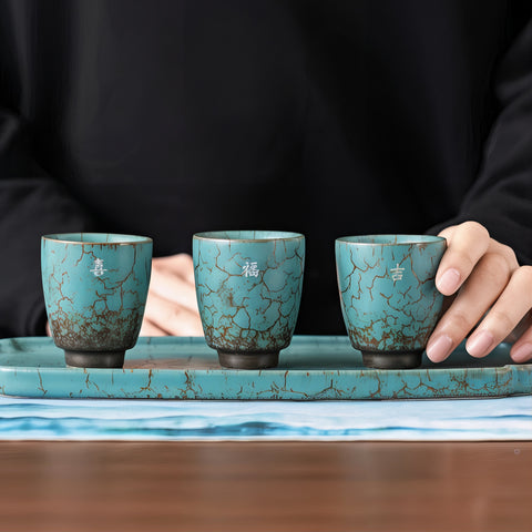 طقم هدايا قهوة إسبريسو أزرق ريفي مصنوع يدويًا من 3 قطع