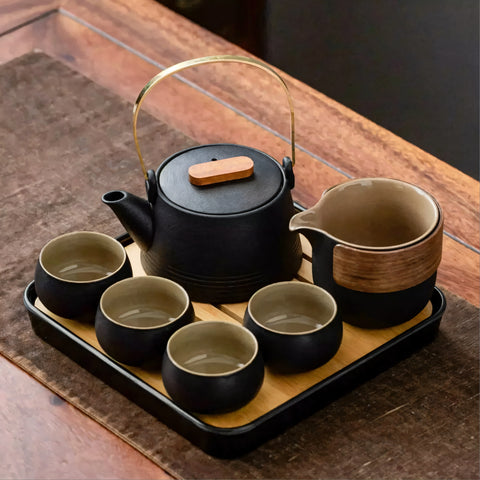 طقم شاي معاصر من الفخار الحجري مكون من 8 قطع
