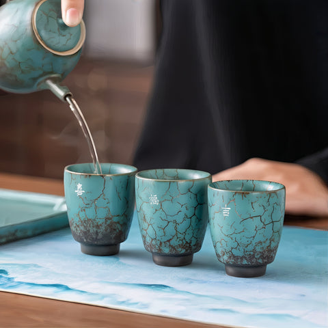 طقم هدايا قهوة إسبريسو أزرق ريفي مصنوع يدويًا من 3 قطع