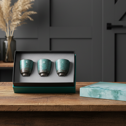 طقم هدايا قهوة إسبريسو أزرق ريفي مصنوع يدويًا من 3 قطع