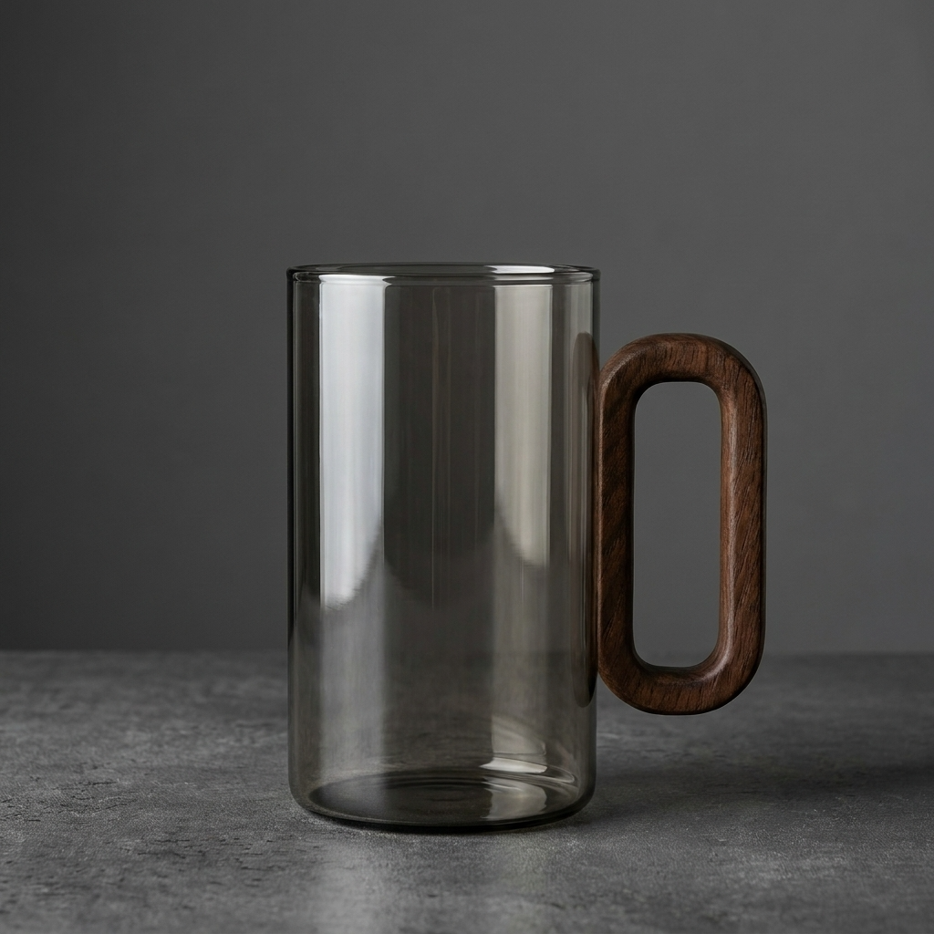 Tazas de café delgadas de vidrio gris ahumado con mango de madera