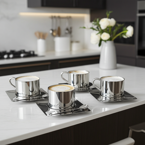 كوب قهوة مع مرآة وصحن وملعقة