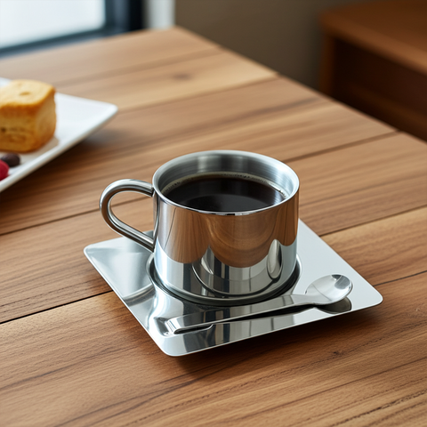 كوب قهوة مع مرآة وصحن وملعقة