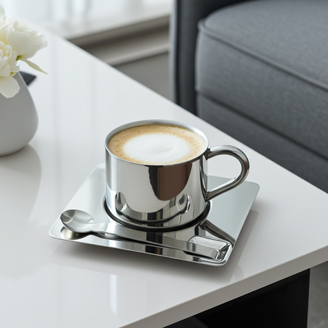 كوب قهوة مع مرآة وصحن وملعقة