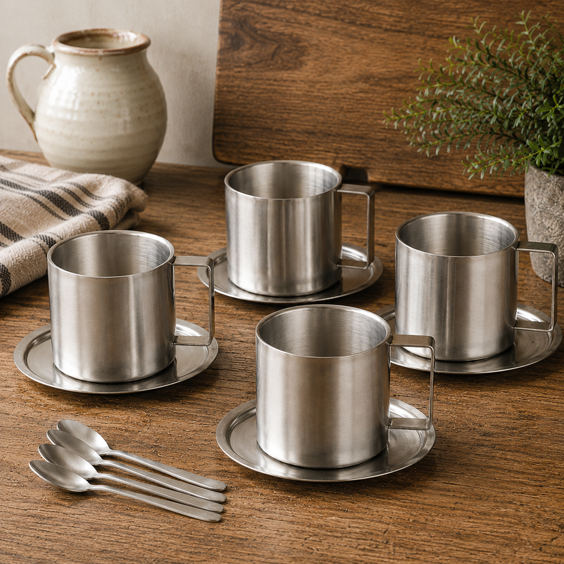 Set of 4 - Stainless Steel Coffee Cup With Matching Saucer & Spoon