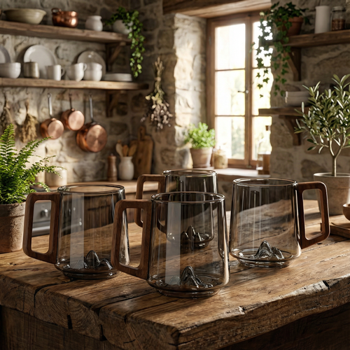 Set Of 4 - Smokey Gray Glass Slanted Coffee Cups With Wooden Handle