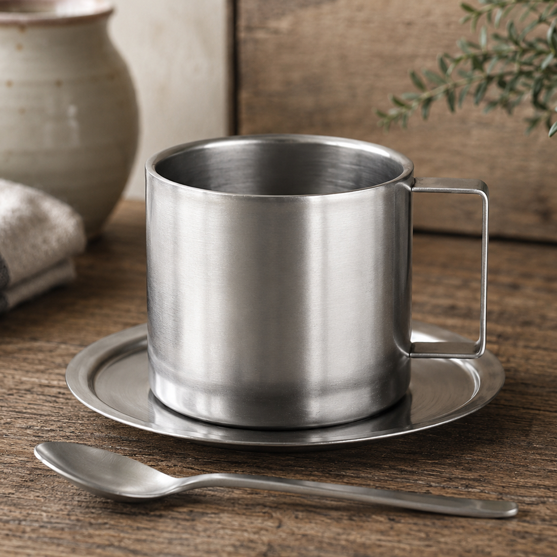 Taza de café de acero inoxidable con platillo y cuchara a juego