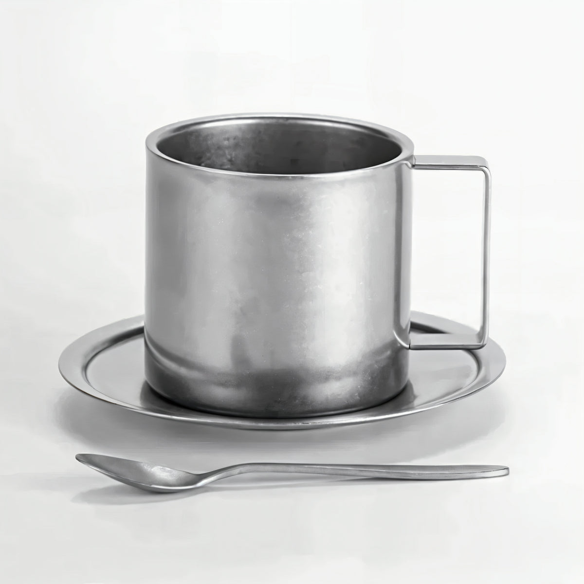 Stainless Steel Coffee Cup With Matching Saucer & Spoon - Vintage ...