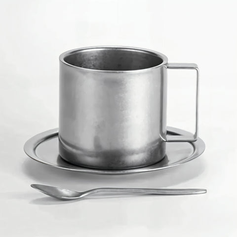 Taza de café de acero inoxidable con platillo y cuchara a juego