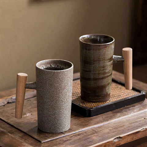 Vintage Earth Coffee Cups With Wooden Handle