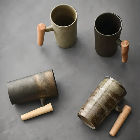 Vintage Earth Coffee Cups With Wooden Handle