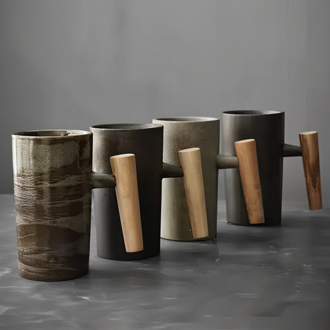 Vintage Earth Coffee Cups With Wooden Handle