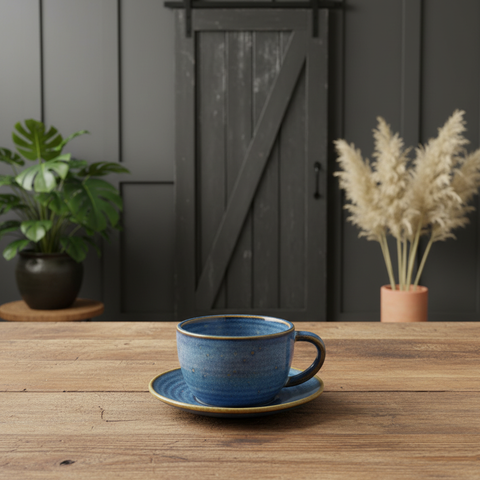 Tazza da caffè in porcellana blu acqua e oro - 285 ml
