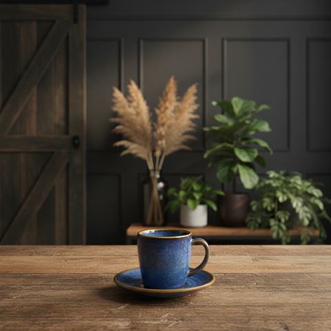 Tazzina da caffè espresso in porcellana blu acqua e oro - 85 ml