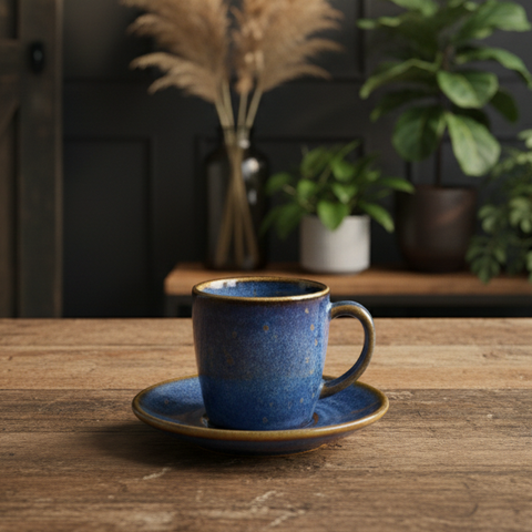 Tazzina da caffè espresso in porcellana blu acqua e oro - 85 ml