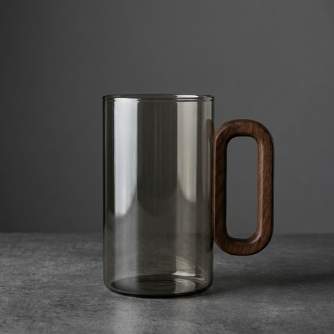 Tazas de café delgadas de vidrio gris ahumado con mango de madera