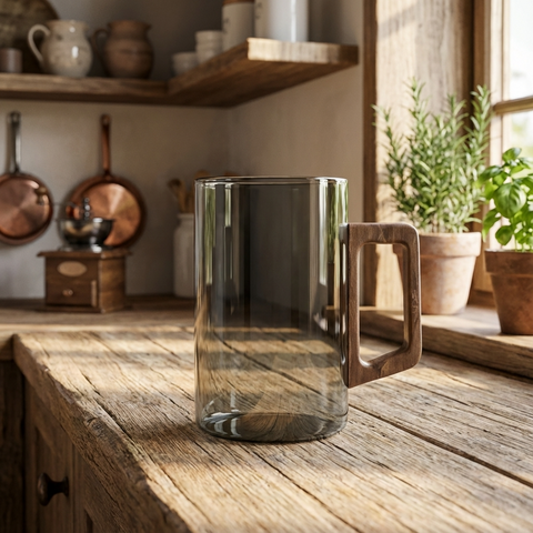 Smokey Gray Glass Coffee Cup With Wooden Handle
