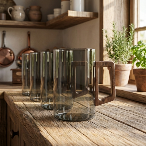 Taza de café de vidrio gris ahumado con asa de madera