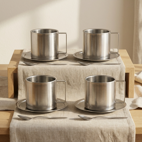 Set of 4 - Stainless Steel Coffee Cup With Matching Saucer & Spoon