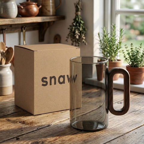 Tazze da caffè sottili in vetro grigio fumo con manico in legno