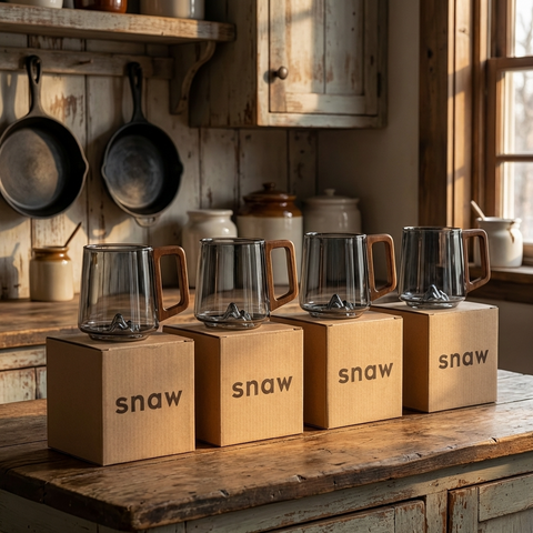 Tazze da caffè inclinate in vetro grigio fumo con manico in legno