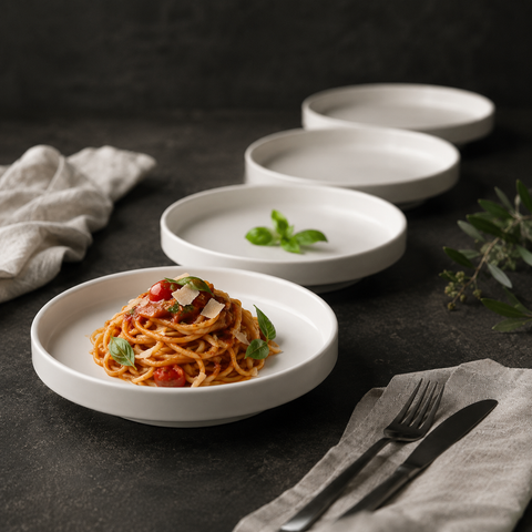 Set di 4 piatti eleganti bianchi con piedistallo