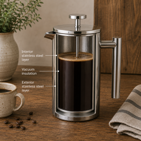 Caffettiera francese in acciaio inox isolato