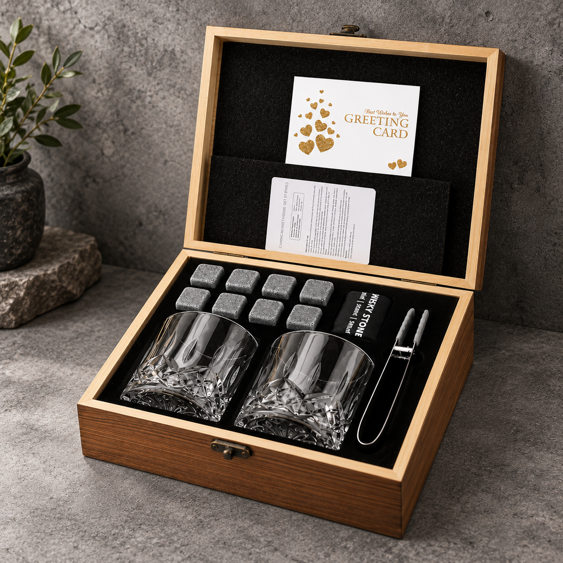 Coffret cadeau de verres à whisky et pierres à whisky de luxe