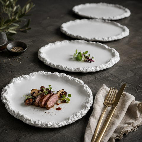 Set di 4 piatti bianchi con bordo organico