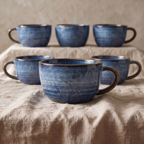 Juego de 6 tazas de café de porcelana azul aguamarina y dorado - 220 ml