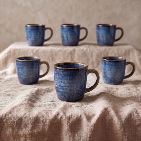 Juego de 6 tazas de espresso de porcelana azul aguamarina y dorada - 85 ml