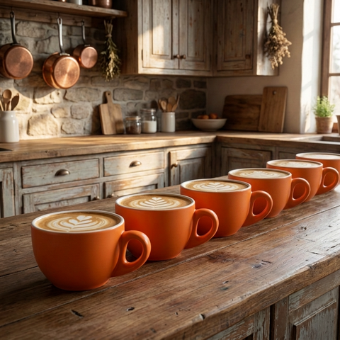 Juego de 6 tazas de café de porcelana naranja mate estilo barista.