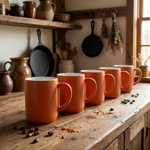 Juego de 6 tazas de café altas de porcelana color naranja mate estilo barista.