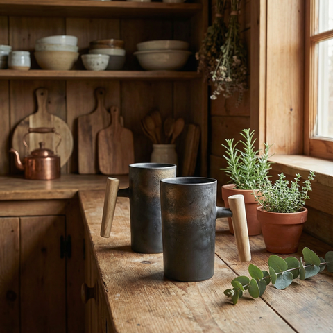 Tazze da caffè vintage Earth con manico in legno
