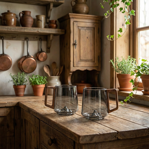 Tazze da caffè inclinate in vetro grigio fumo con manico in legno