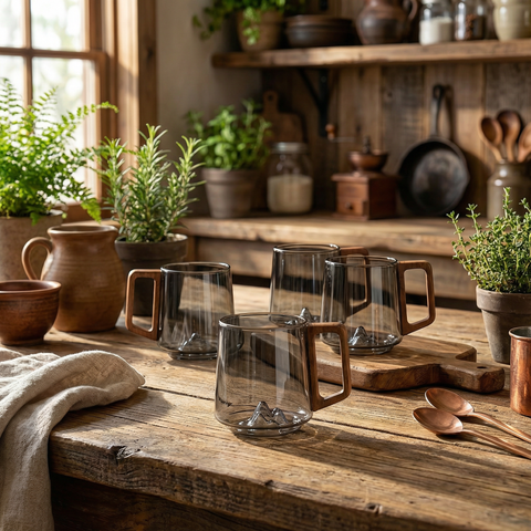 Tazze da caffè inclinate in vetro grigio fumo con manico in legno