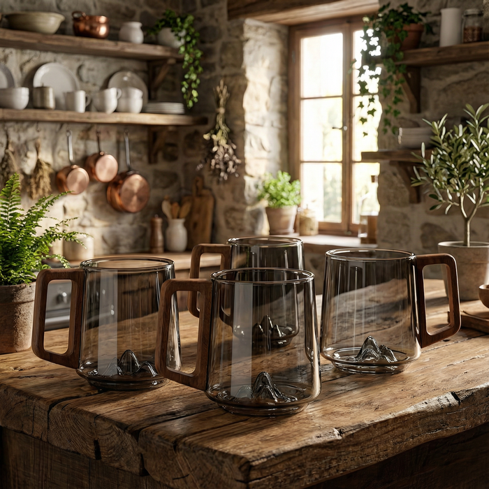 Tazas de café inclinadas de vidrio gris ahumado con mango de madera