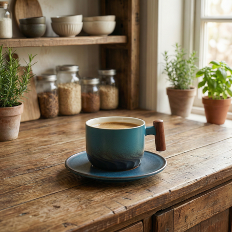 Vintage Coffee Cups With Wooden Handle
