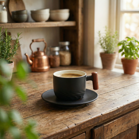 Tazze da caffè vintage con manico in legno