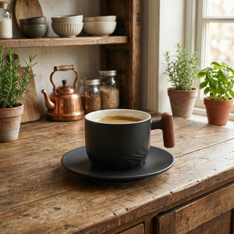 Vintage Coffee Cups With Wooden Handle
