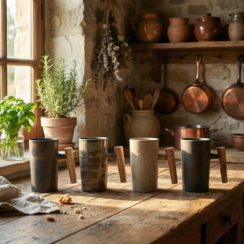 Tazze da caffè vintage Earth con manico in legno