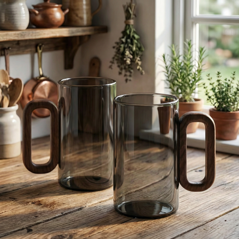 Tazze da caffè sottili in vetro grigio fumo con manico in legno
