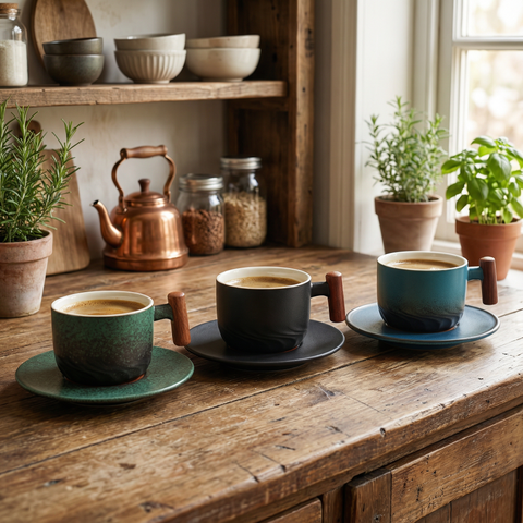 Tazze da caffè vintage con manico in legno