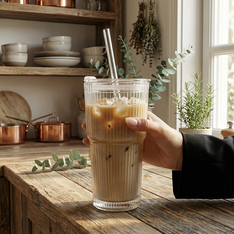 Tazza da caffè in vetro da viaggio con cannuccia