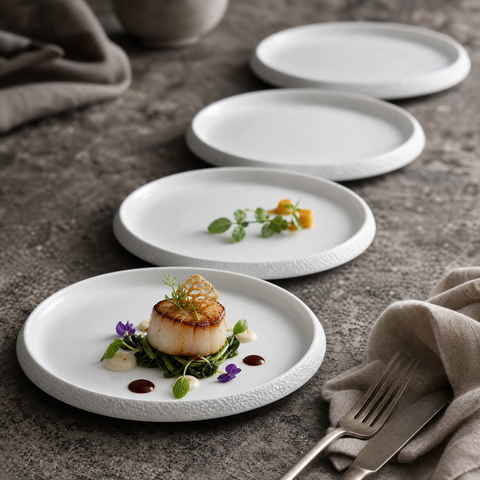 Set of 4 - Stone-Edge White Dinner Plates
